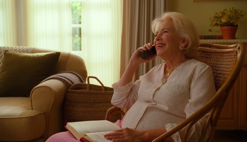 Elderly parent on a warm phone call, smiling